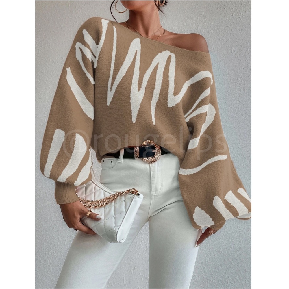 Knit Graphic Pullover Sweater Off White Tan Camel Bishop Sleeve - Picture 5 of 11